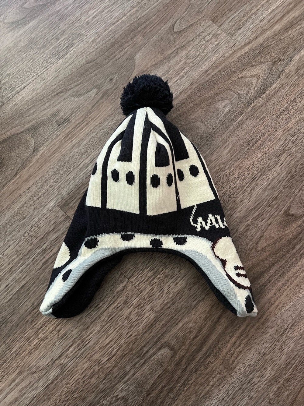 Black and Cream Knit Earflap Pom Beanie Hat - Mickey